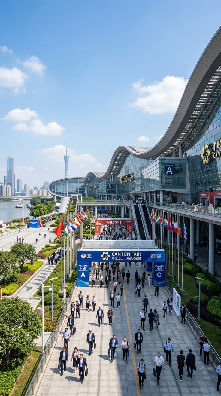 Entrada do complexo da Canton Fair em Guangzhou, com visitantes chegando aos pavilhões
