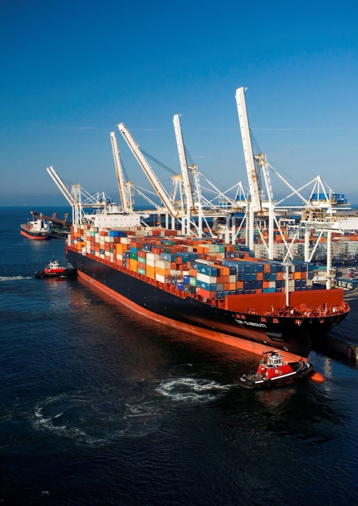 Navio porta-contêineres atracado no porto, com guindastes carregando a carga